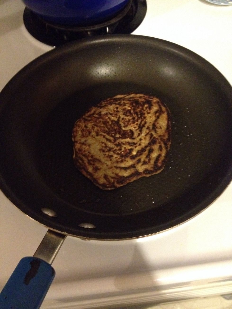 Flip when you can get a spatula under the cake and when the batter starts to bubble. I don't time my pancakes. They all have a personality of their own!