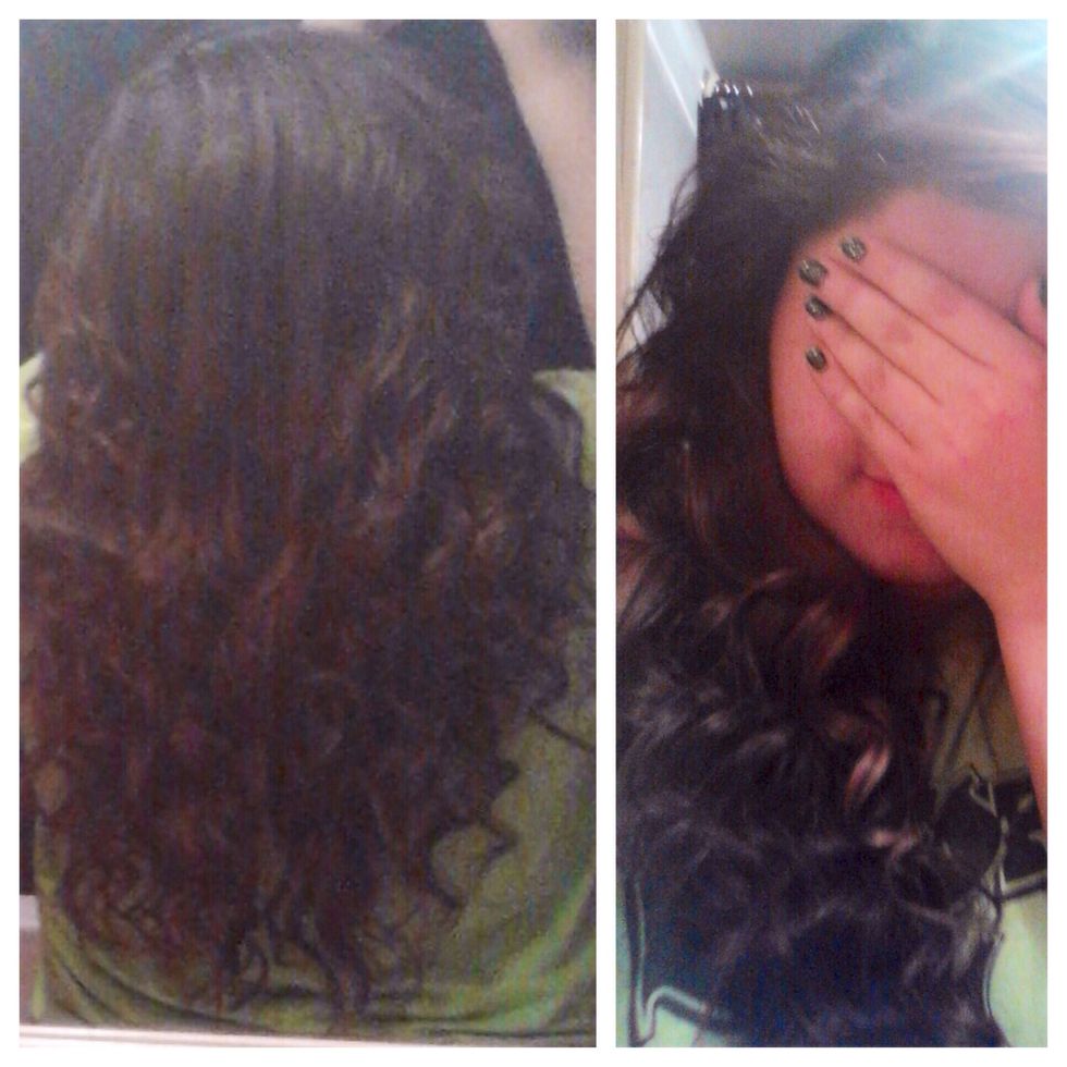 Flip your hair back over, giving a last spritz. You can fix any curls you need to and style your hair as desired and voila. Curling wand curled hair.(: