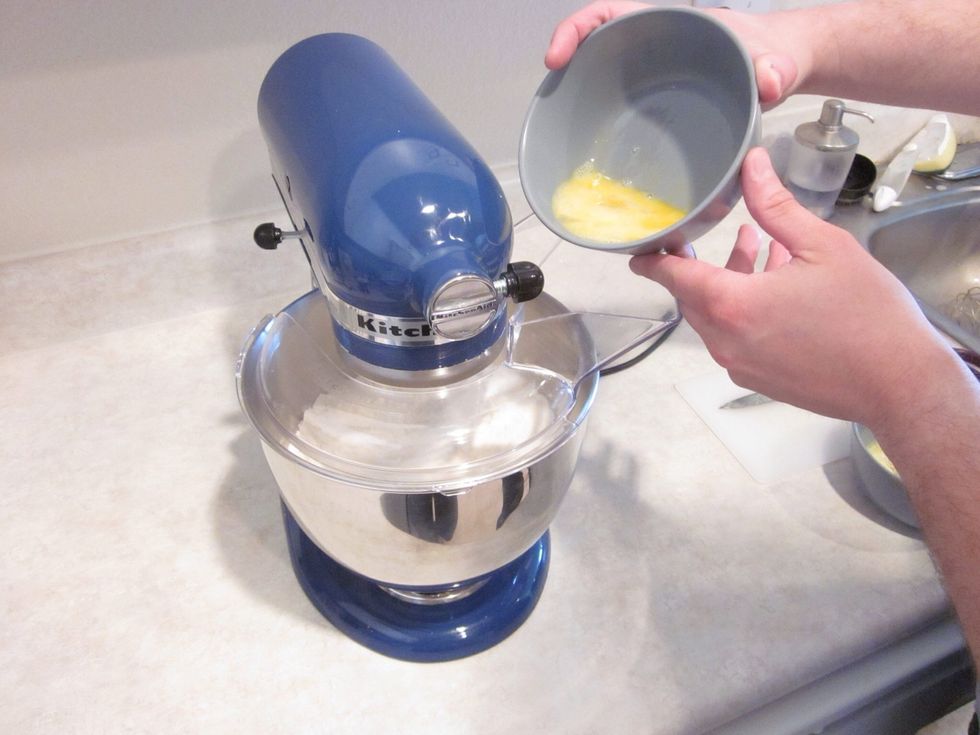 Flip your mixer on low and add the eggs. For you spoon wielders out there, you can pour all the ingredients in now and mix by hand