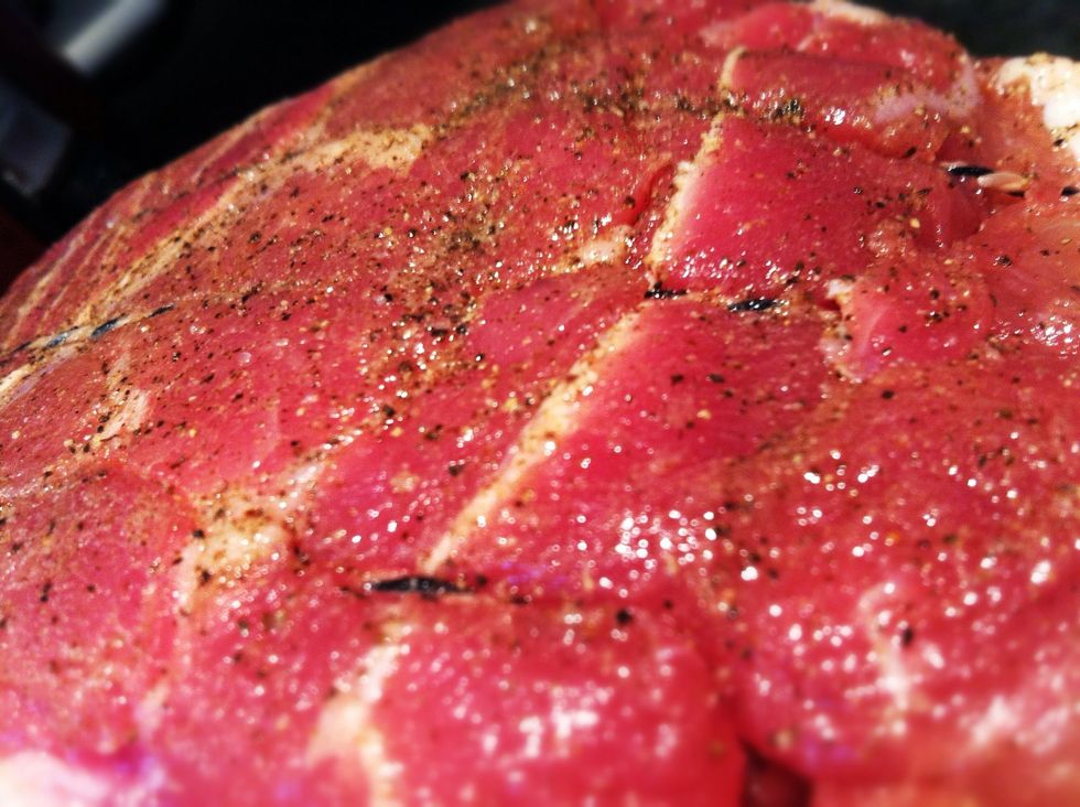 Flip your Shoulder over and rub the Salt & Pepper into the under side of your Pork, using more pepper this time than you did on the top..