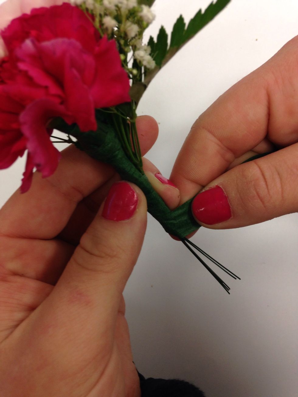 Floral tape all together. Stop at the end of stems leaving wire at the end.