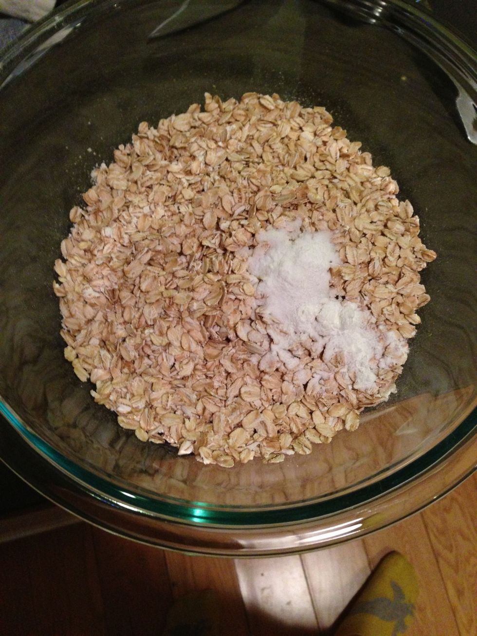 Flour, salt, baking soda and powder, and oats in a separate bowl.