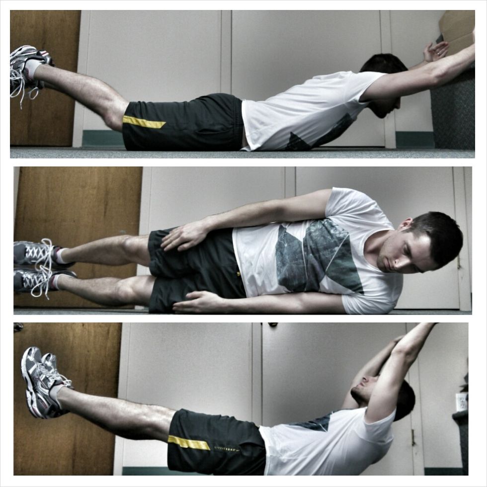 FLYING BANANA. Start in the flying position (on the front) for 15 seconds, then roll to the banana position (back) for 15 seconds. Repeat twice.