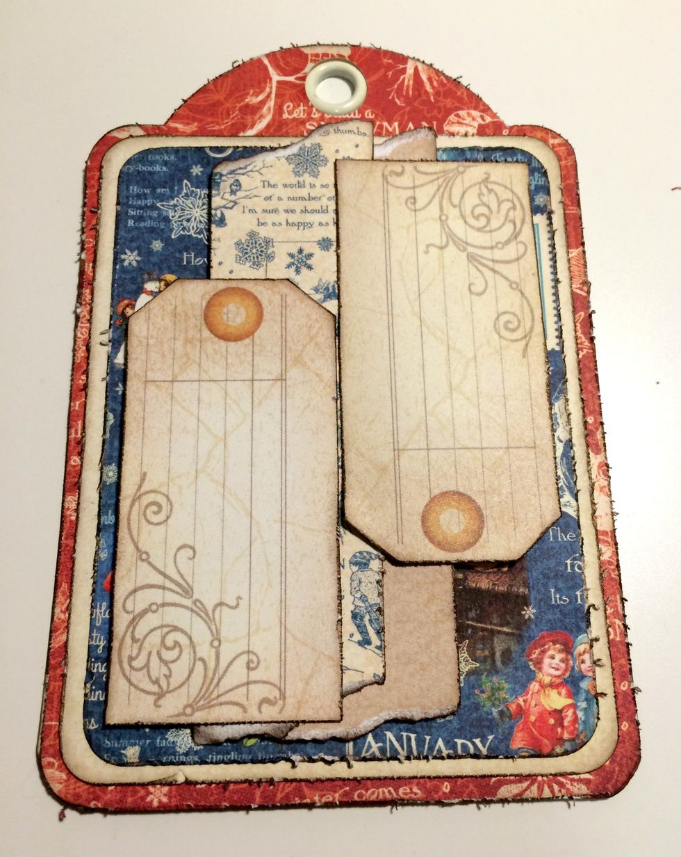 Foam square one tag 3/8 from the right and 1/4" from the top of the tag. Foam square the second tag 3/8" from the left and 1/2" from the bottom of the tag.