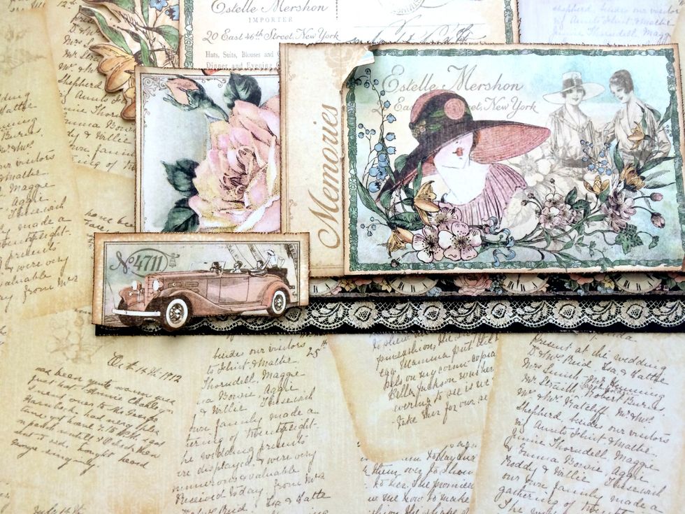 Foam square the car so that it slightly overlaps the memories card and the rose card. The excess of the car will go past the rose card.