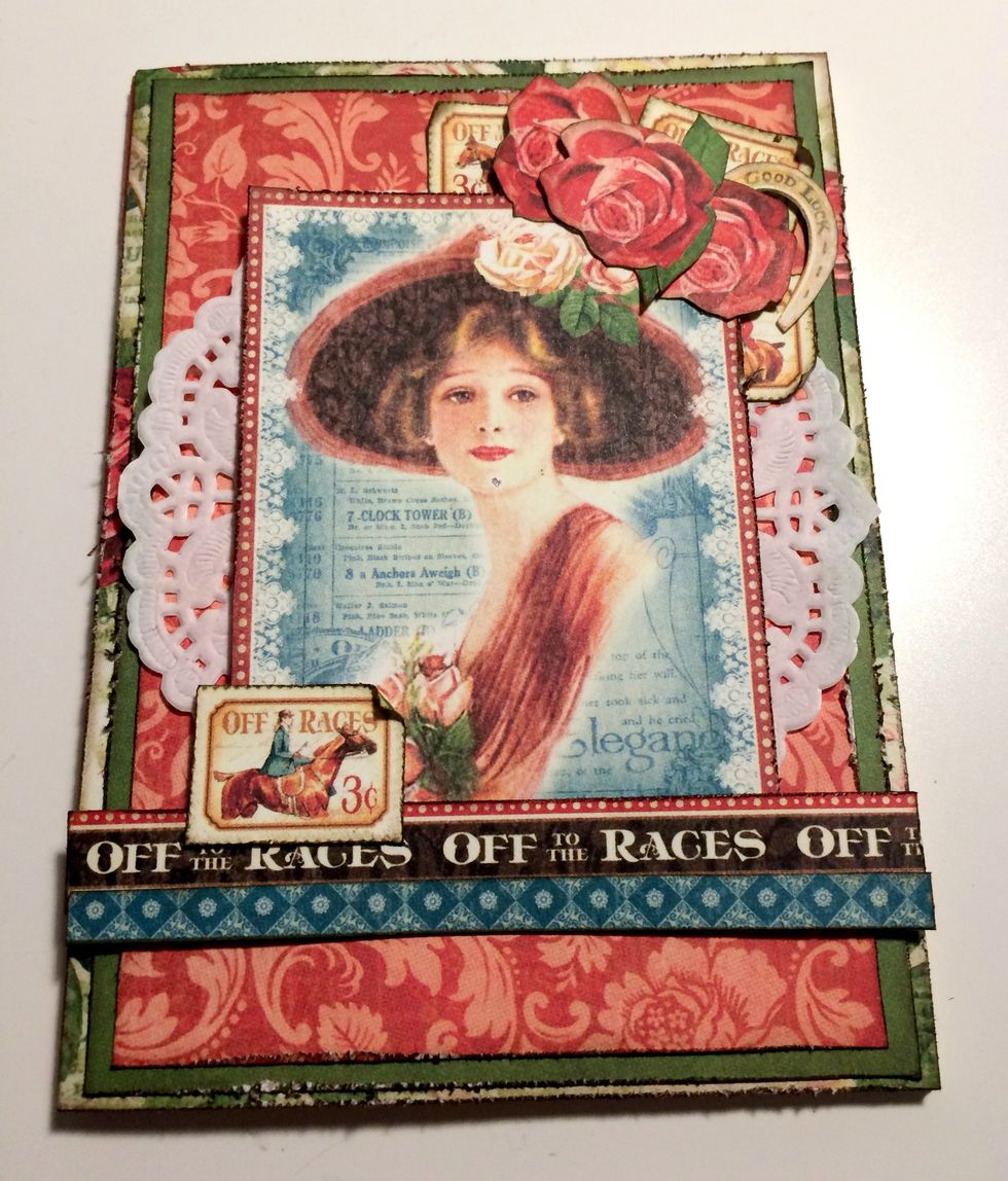 Foam square the rose with the horseshoe, the rose with two leaves and one single rose in the top right hand corner as desired.