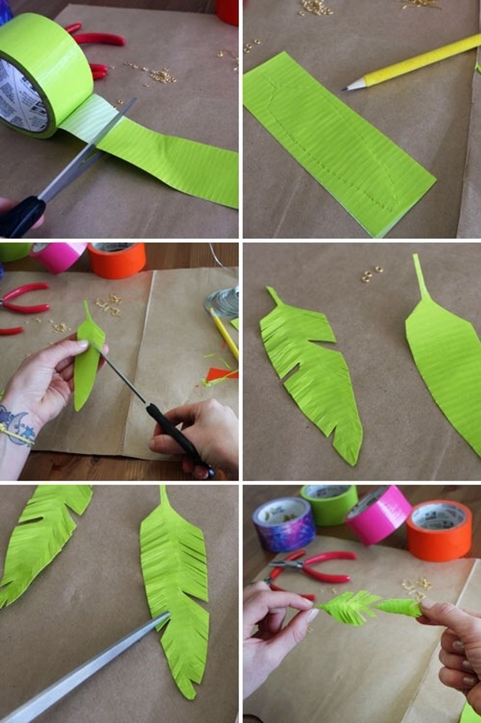 Fold 6 inches of tape back onto itself so you have a non-sticky piece of duct tape. Sketch a feather shape and cut out. For texture, cut slits and ruffle.