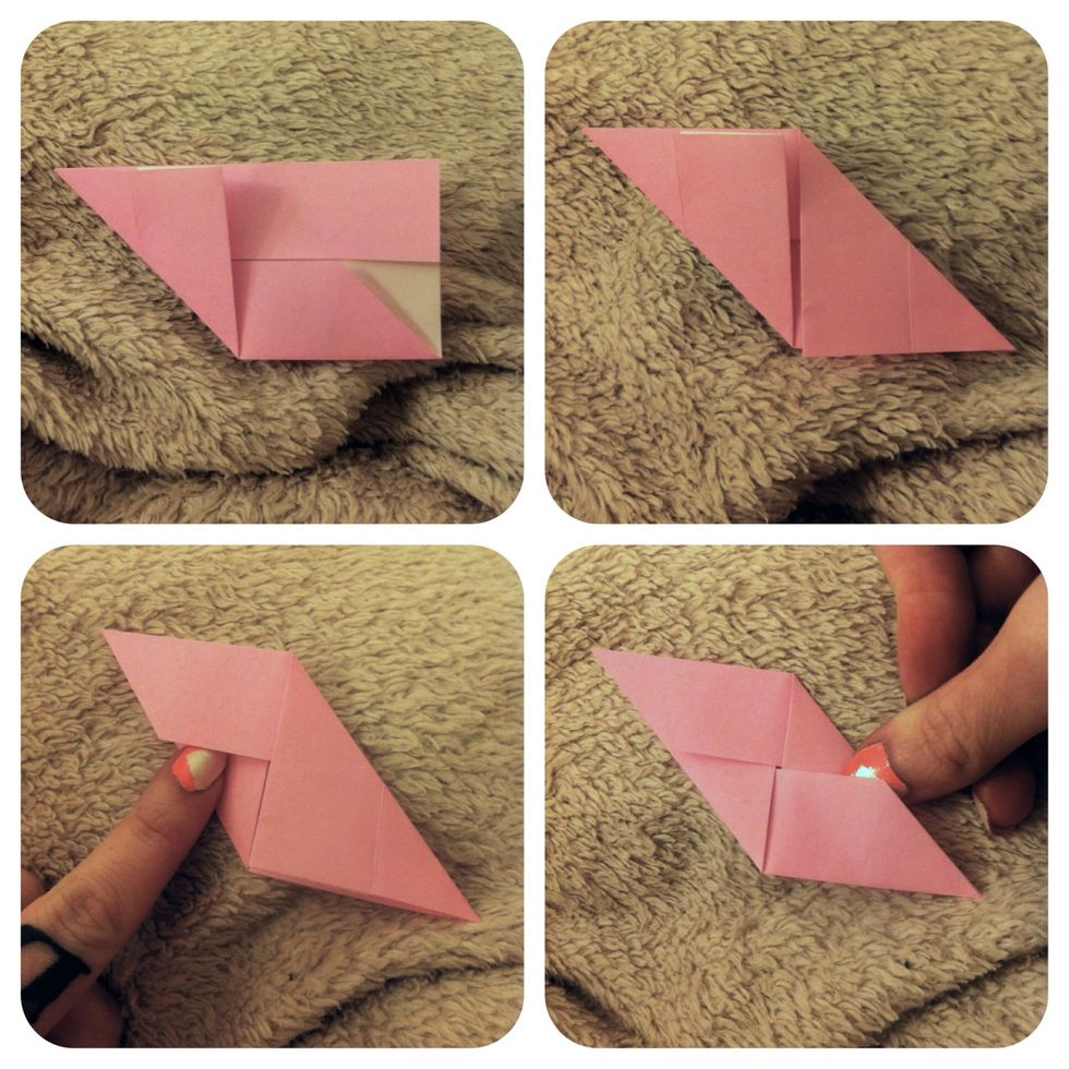 Fold bottom left corner up to top edge. Fold top right corner to bottom edge. On left side, open slightly to tuck under flap where my finger is. Repeat on right side, tucking where my thumb is.