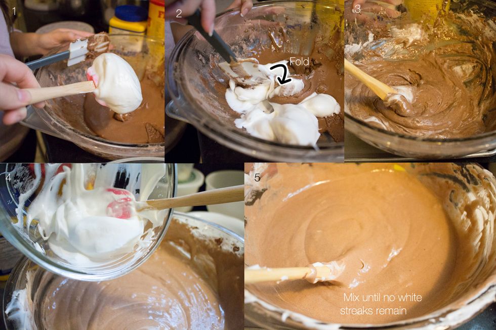 Fold egg white mixture gradually (in four parts) into chocolate mixture, and mix until no streaks remain.