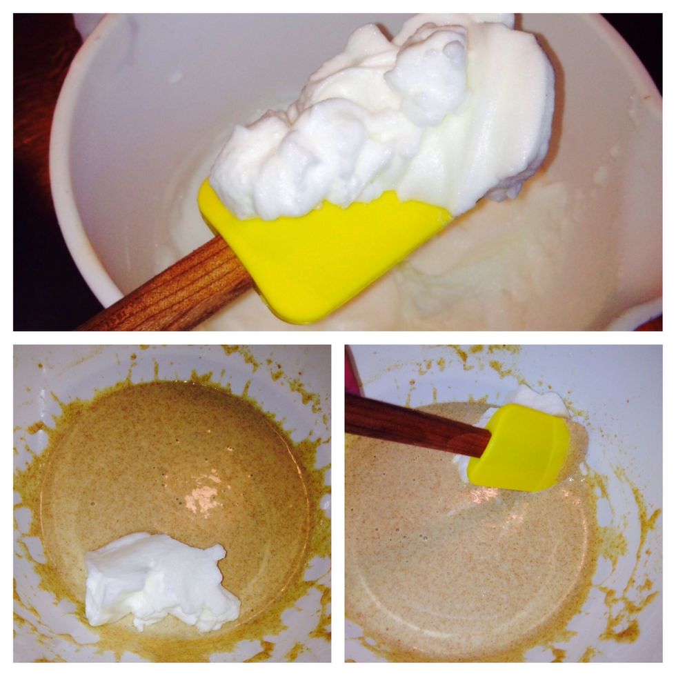Fold egg whites in. Don't put all in at once (I'm assuming you know this, but just in case you don't...) I add it by 1/3rds of the bowl. Some do half and half. Fold it in gently.