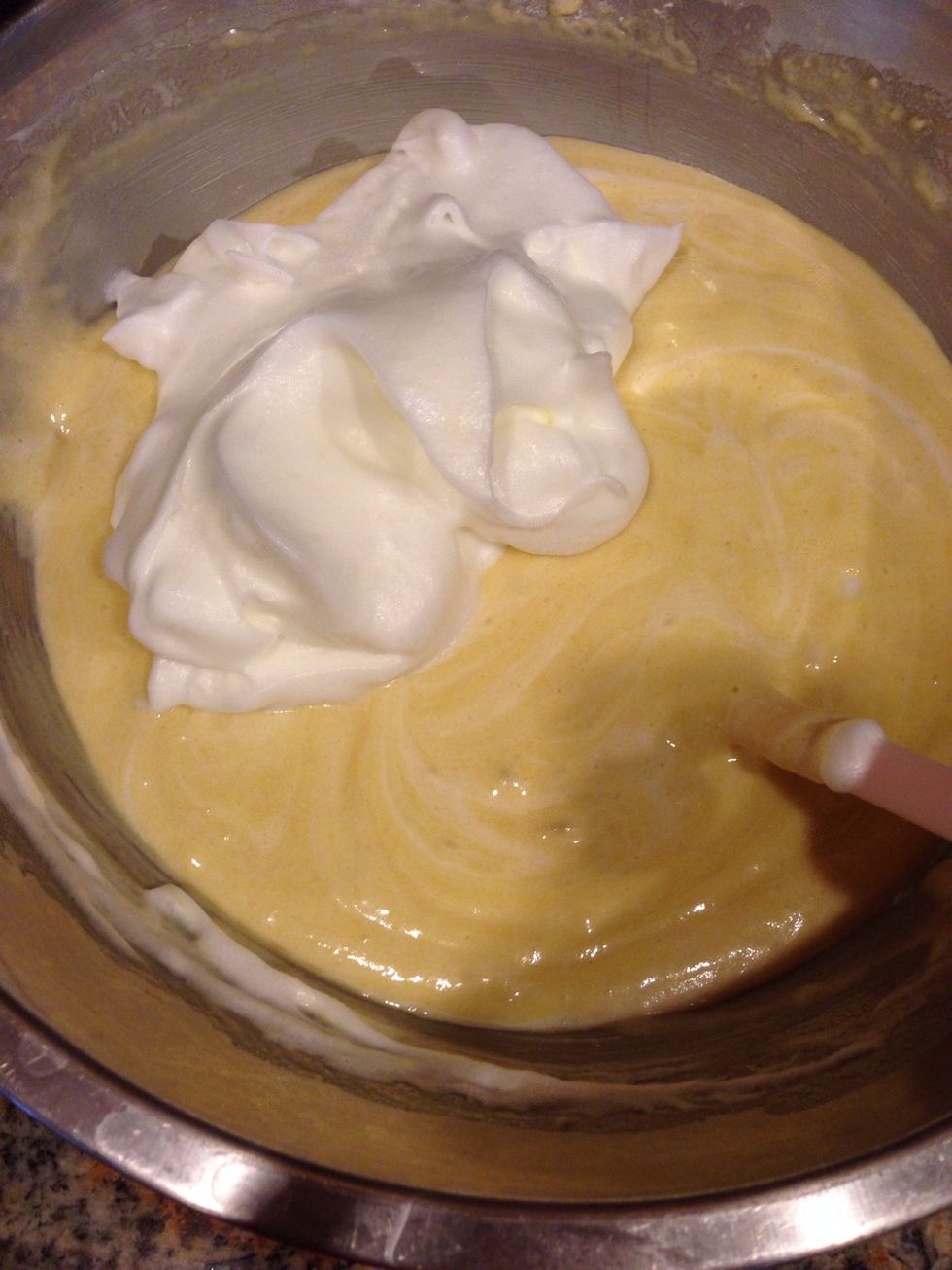 Fold egg whites into batter, in 3 additions. Make sure you fold them in, don't beat them! :)
