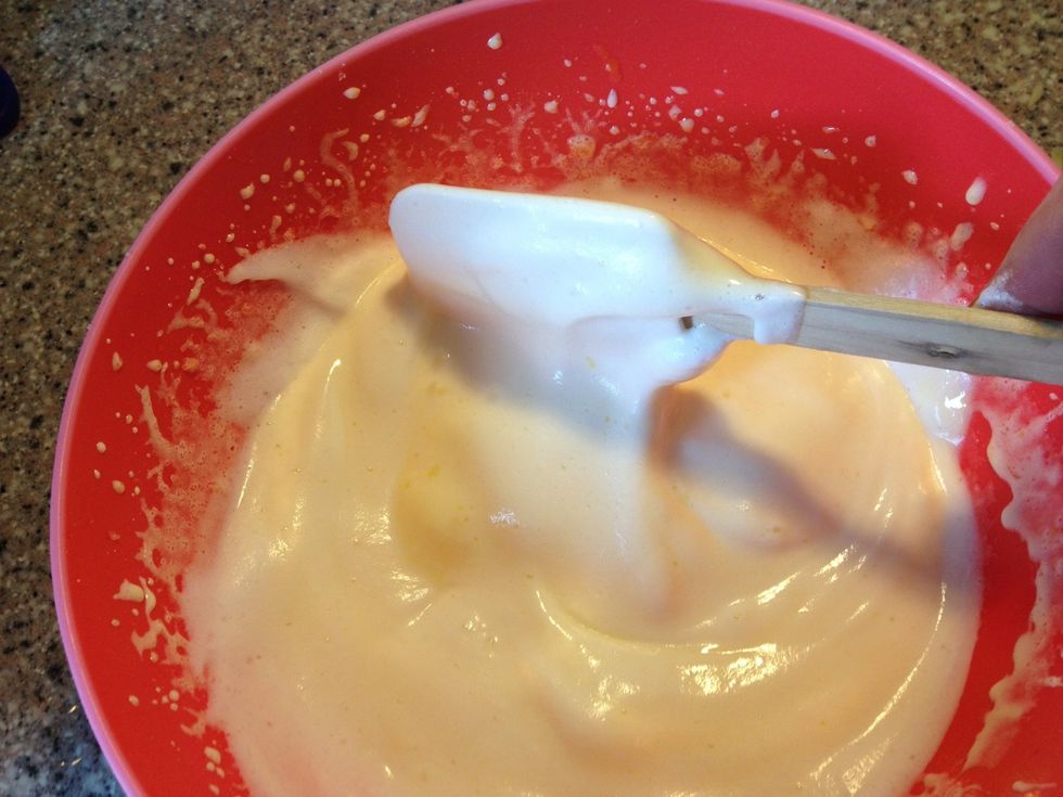 Fold from bottom of bowl and up over the egg whites. Continue to do so until you have an even mix.