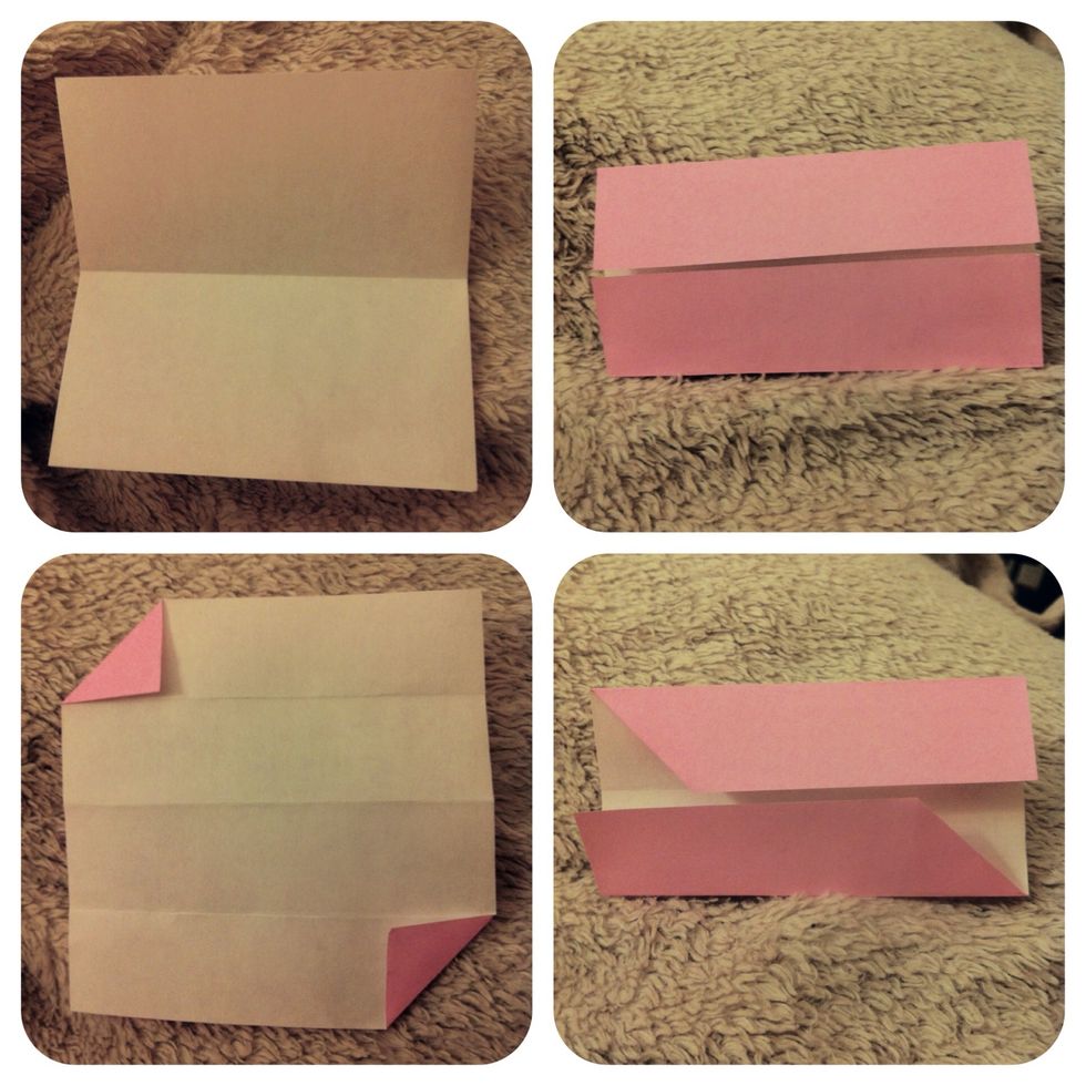 Fold in 1/2. Unfold. Fold top edge & bottom edge to center crease. Unfold. Fold top left corner & bottom right corner to 1st crease. Fold top & bottom edge back to center.