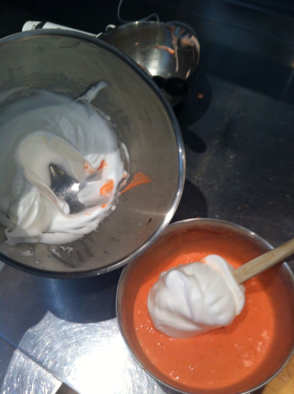 Fold in 1/4 the egg whites to the strawberries and cream mix!