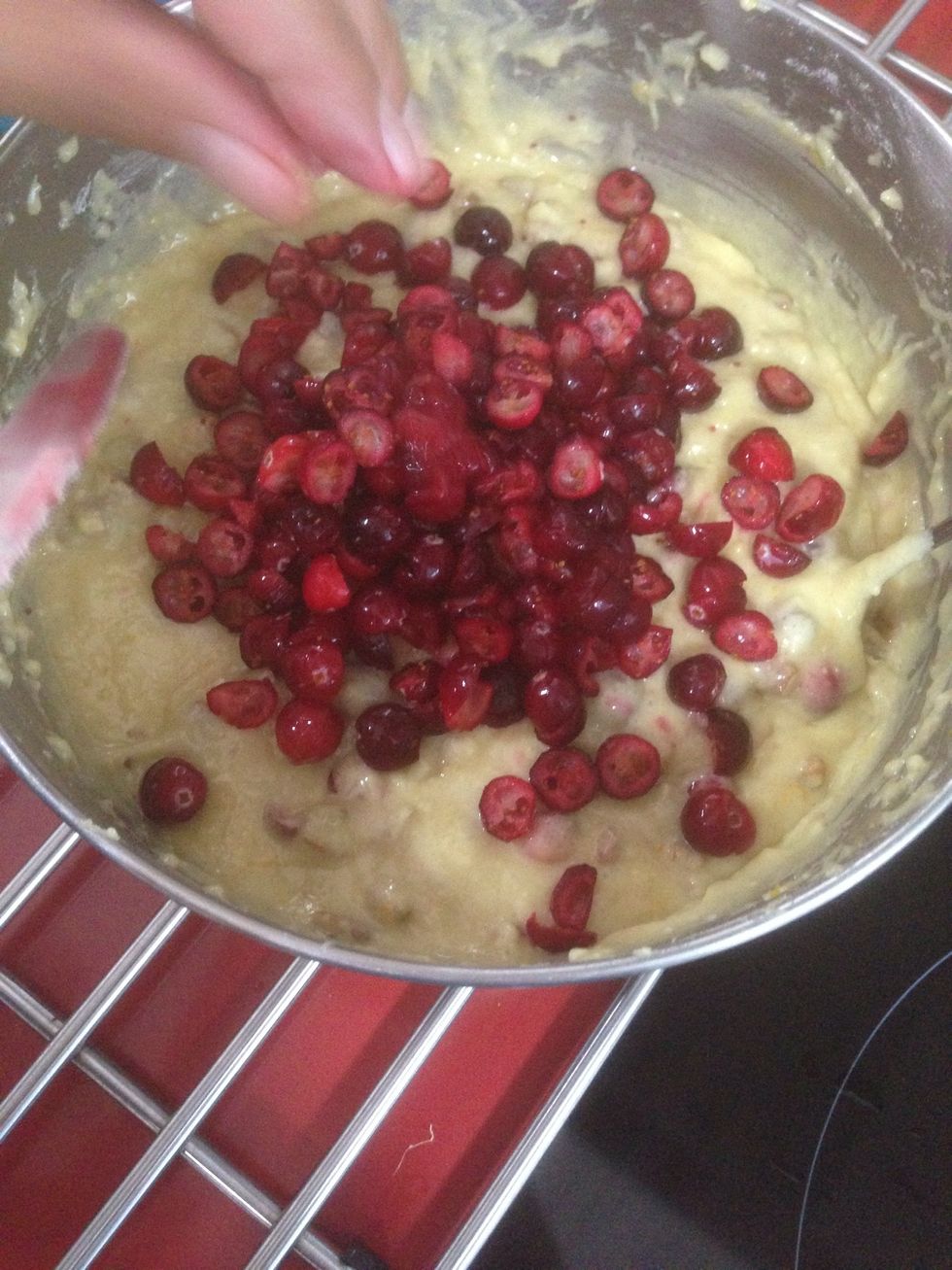 Fold in 2 cups Coarsely chopped cranberries and 1 cup Coarsely chopped pecans.