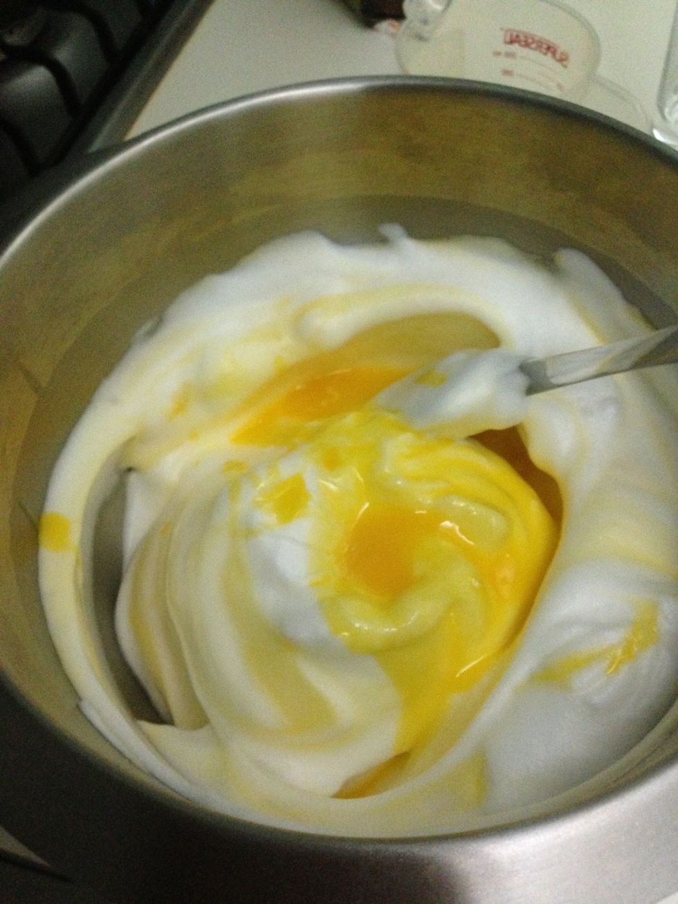 Fold in egg yolks slowly
