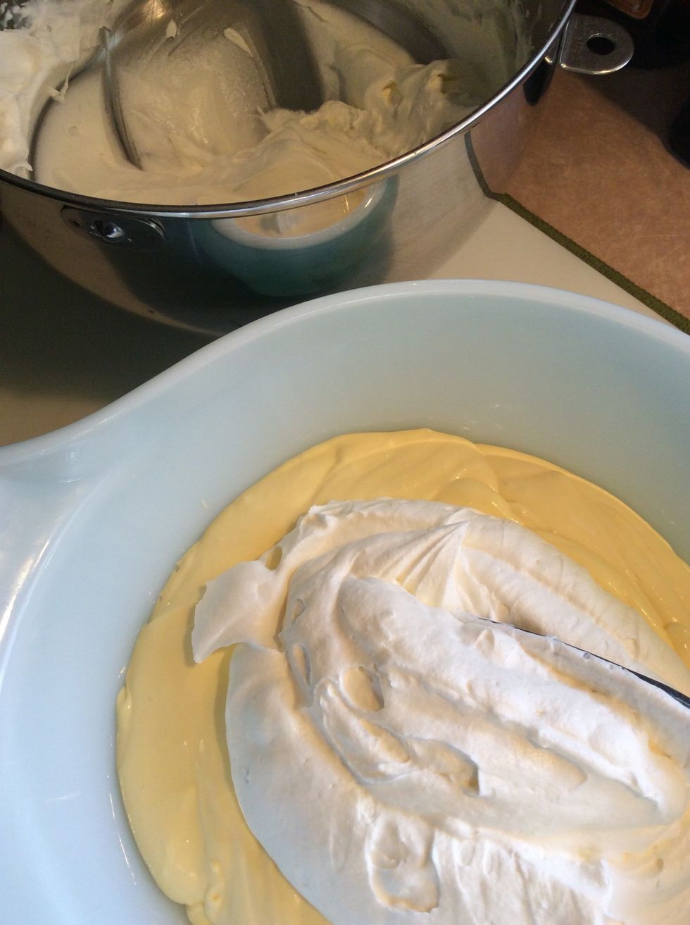 Fold in half of the whipped cream into the egg and mascarpone mixture.