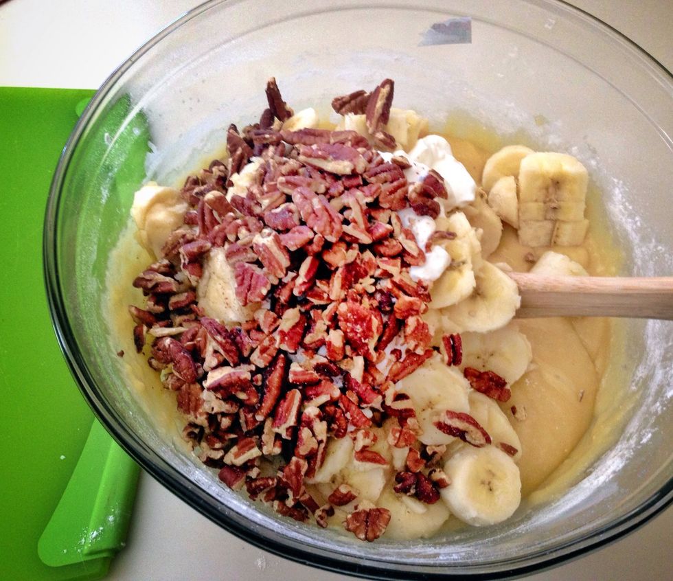Fold in nuts and bananas.
