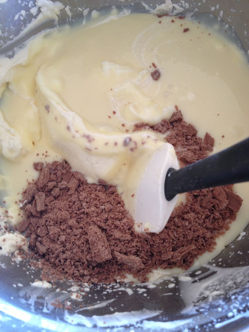 fold in the condensed milk and crumbled chocolate