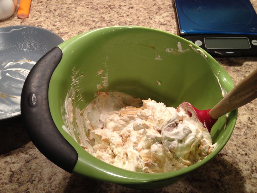 Fold in the cool whip with a spatula. Don't whisk because it will break the cool whip down too much. You're making a dip so it should be on the thick an creamy side.