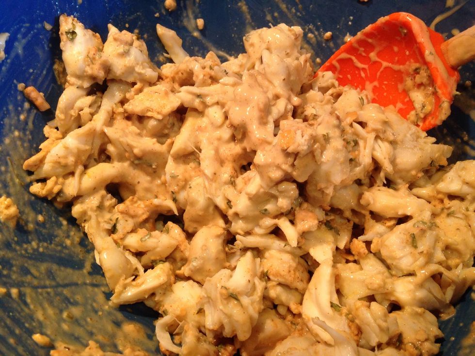 Fold in the crab meat and the wet ingredients into the dry ingredients. Take care not to over mix. You want to keep those large lumps of crab meat intact.
