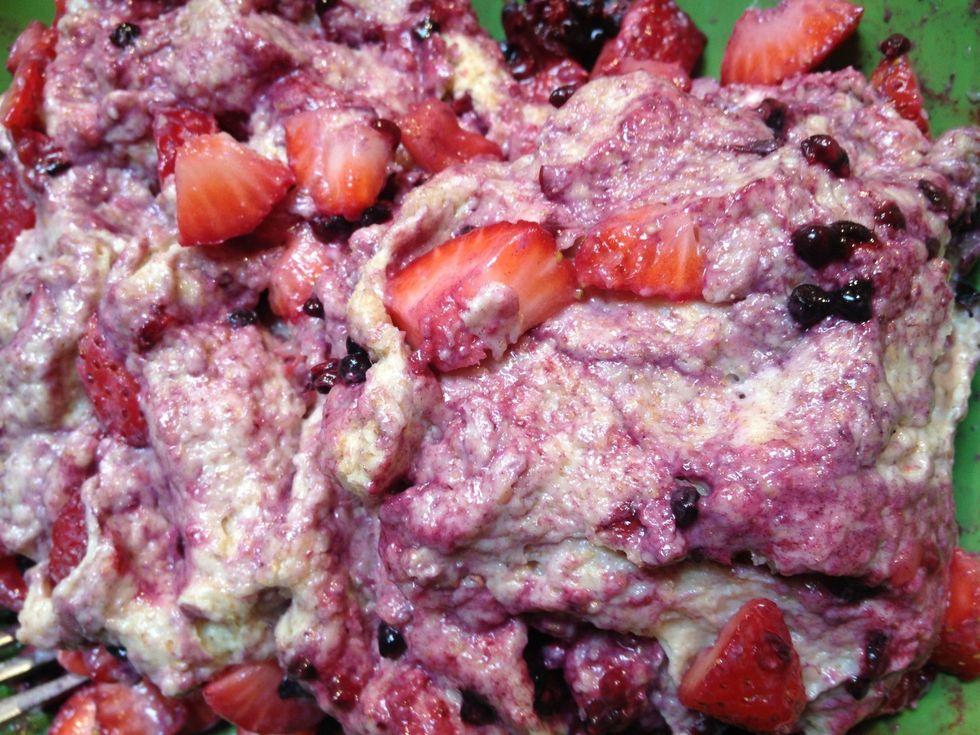 Fold in the fruit pieces. Use your fork to blend, but don't overdo it! You don't want the scones to be tough. It's ok if the batter turns berry colored.