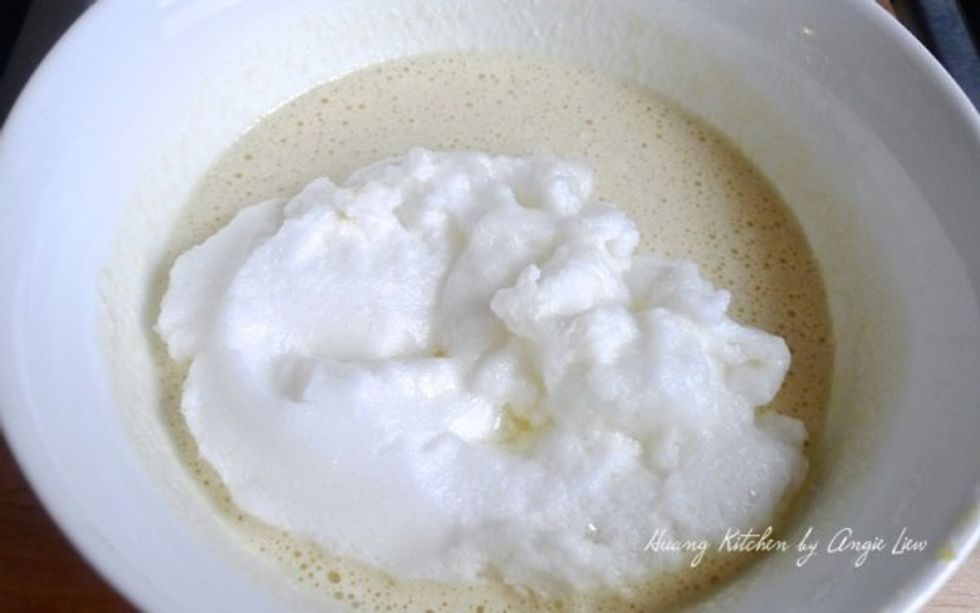 Fold in the remaining of the egg whites. Mix till no lumps remain.