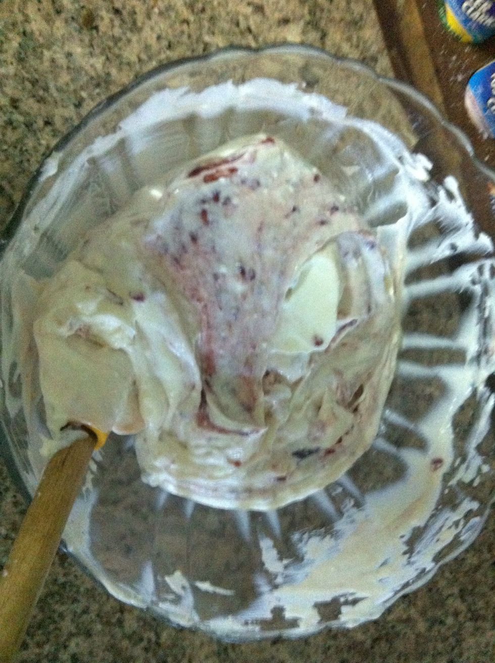 Fold it in, don't over mix, you want those pretty pink streaks
