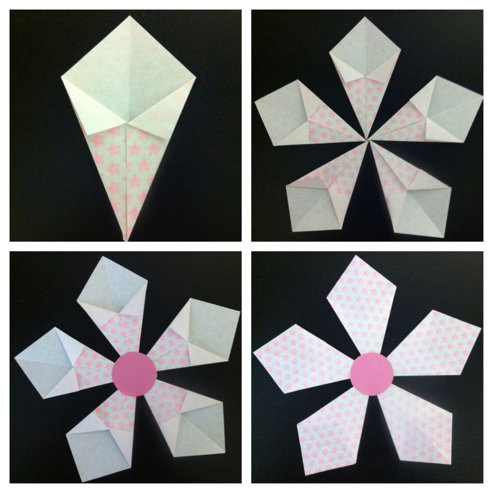 Fold left tip down. Make 5 or 6. Glue each point onto button or what have you.