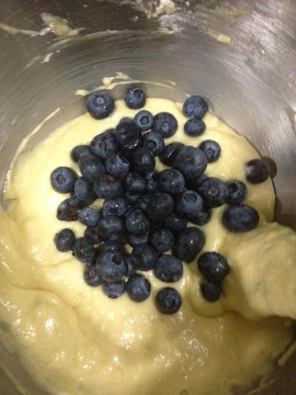 Fold on the blueberries and stir with a spatula to be sure the batter is completely mixed. But do not overmix!