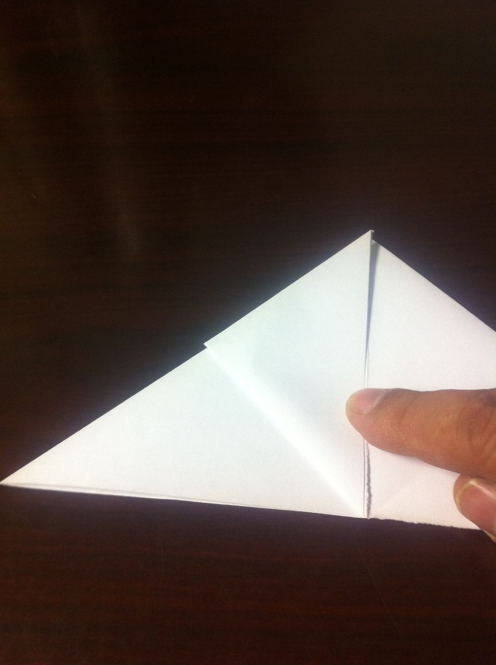 Fold one corner up towards center tip and crease hard. Repeat on the other side. Be careful to only fold the top half.