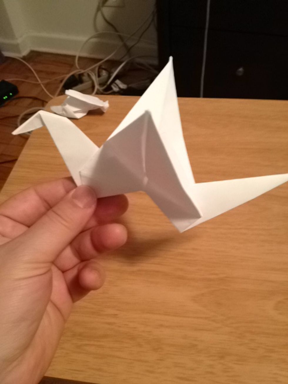 Fold one side down as the head.  Press wings down .  Hold it by the fold in the neck.