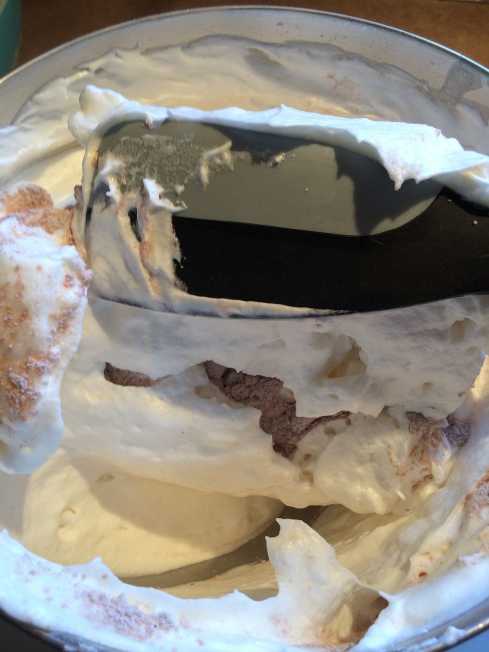 Fold, over and over. Don't stir or whip. You want to keep as much air as possible into the egg whites.