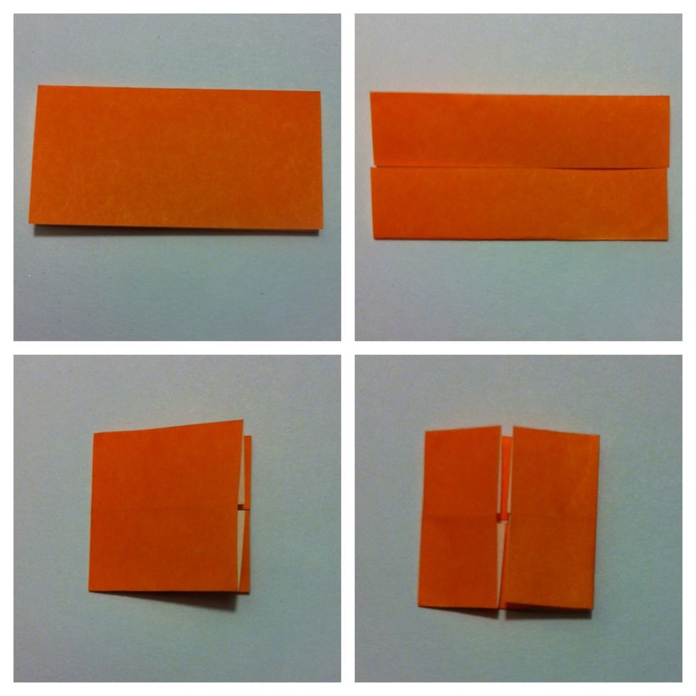 Fold square in 1/2 (pic1). Unfold. Fold top edge & bottom edge to center crease (pic2). Fold in 1/2 (pic3). Unfold. Fold left & right edge to center crease (pic4).