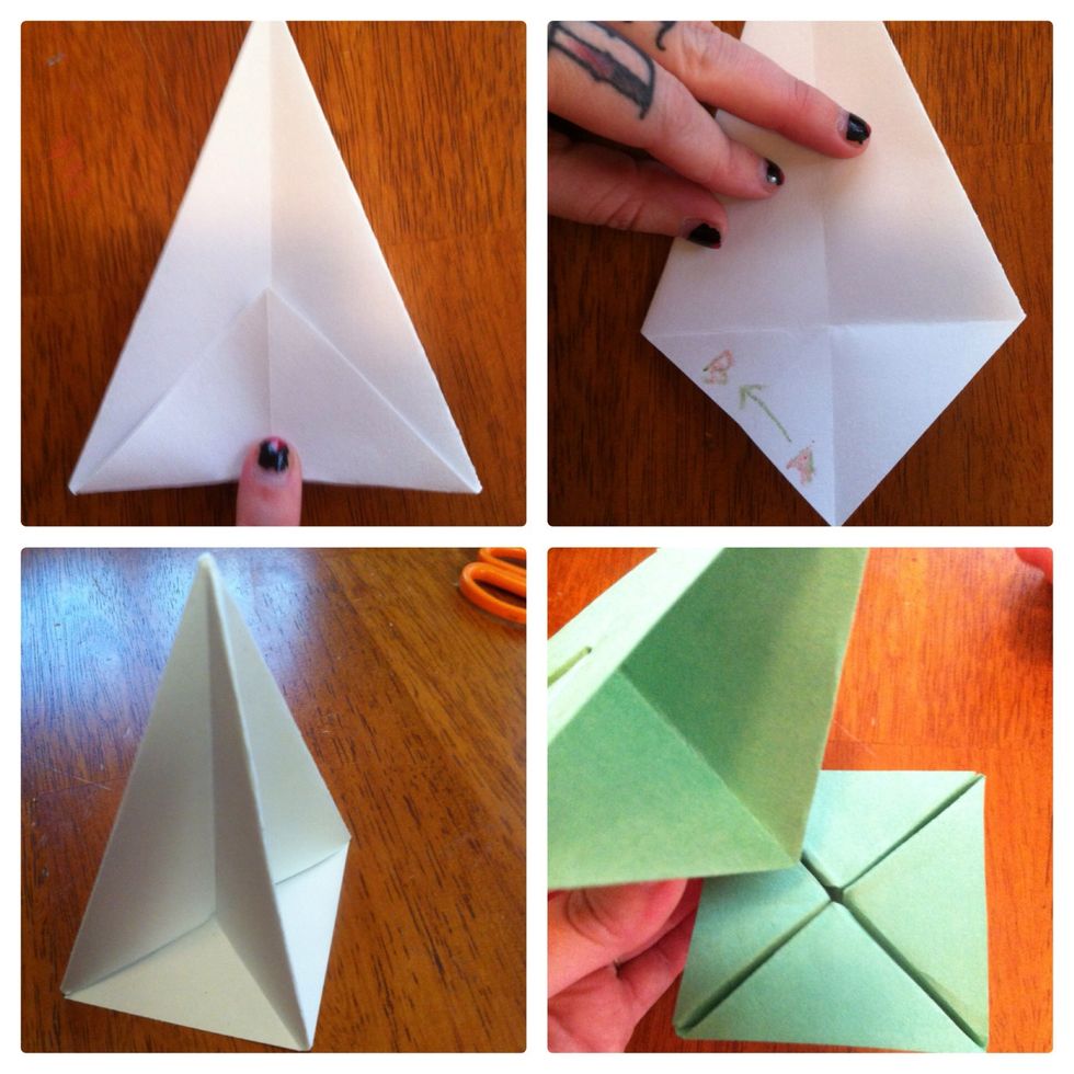 Fold that bottom triangle up for all 4. Now repeat that shelf-making process you did for tree levels; matching A to B. To make tree just push all the pieces together however far down you like.