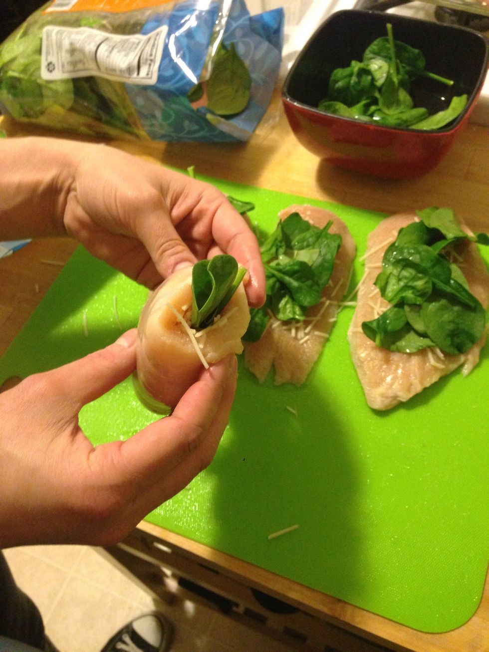 Fold the chicken breast in half and do that for all chicken breasts.