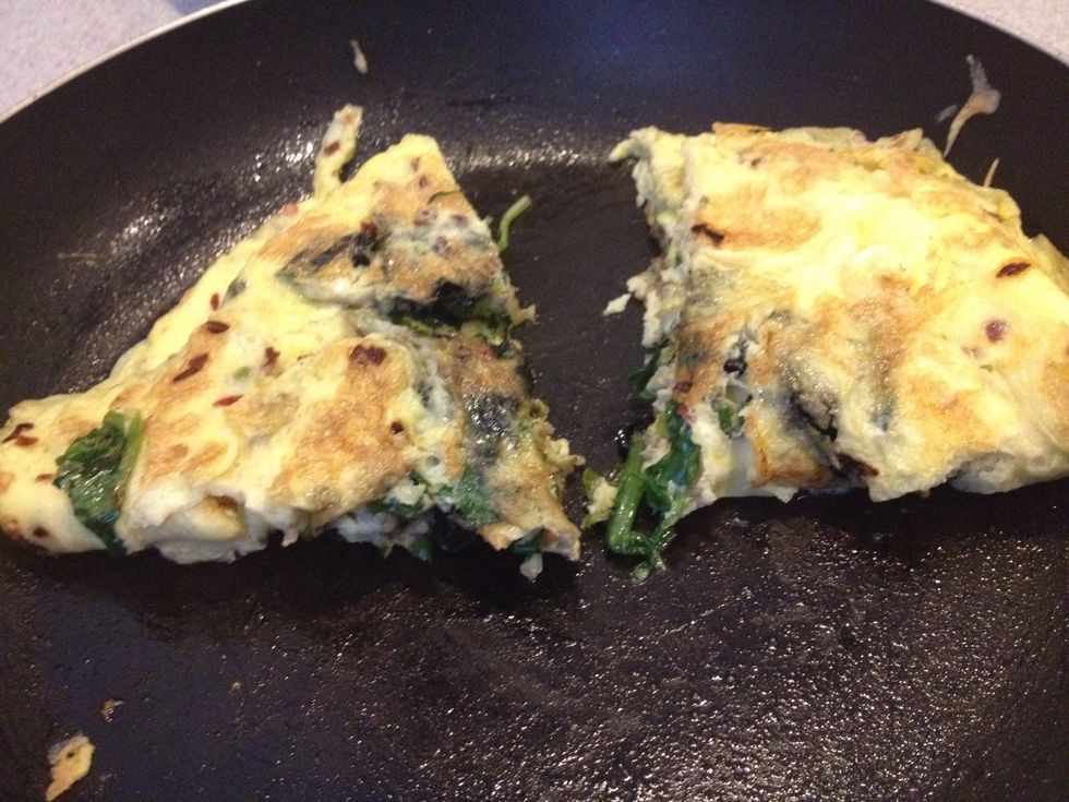 Fold the eggs into half and cut them using the spatula