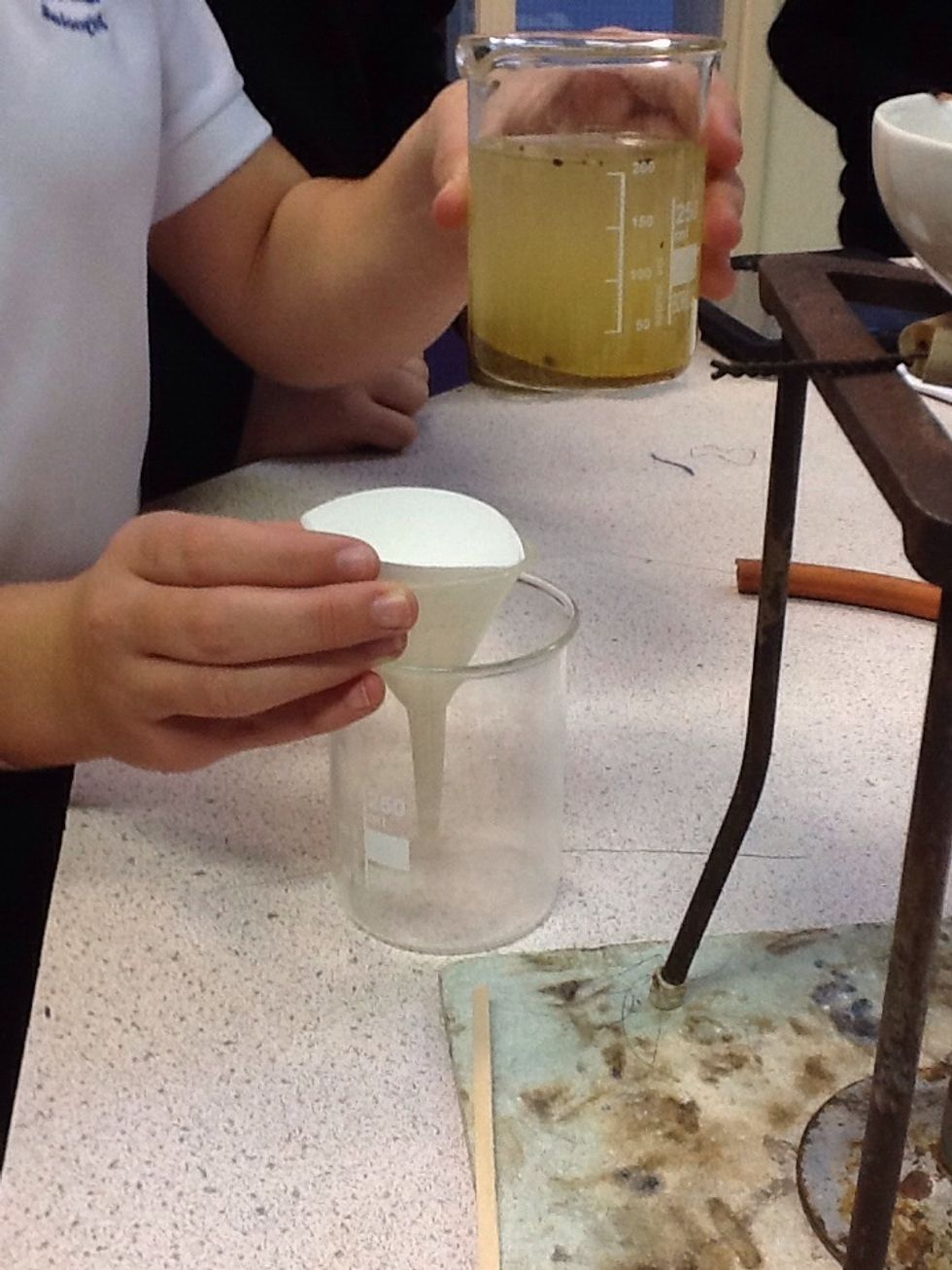 Fold the filter and put it in the funnel witch is in the beaker.