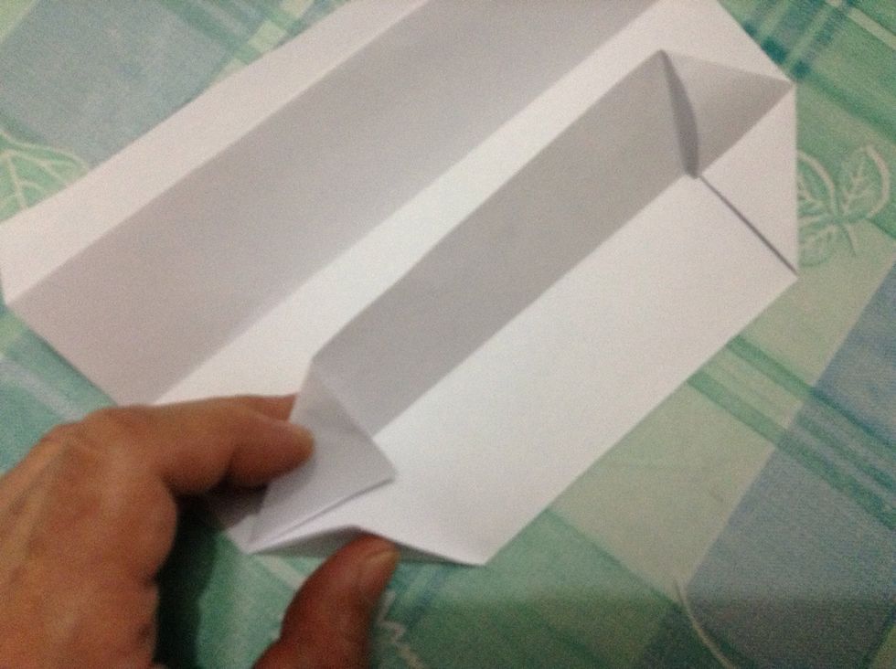 Fold the four corners of each outer panel inward and in line with the center crease.