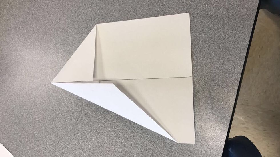 Fold the previous folds to the middle line as shown.