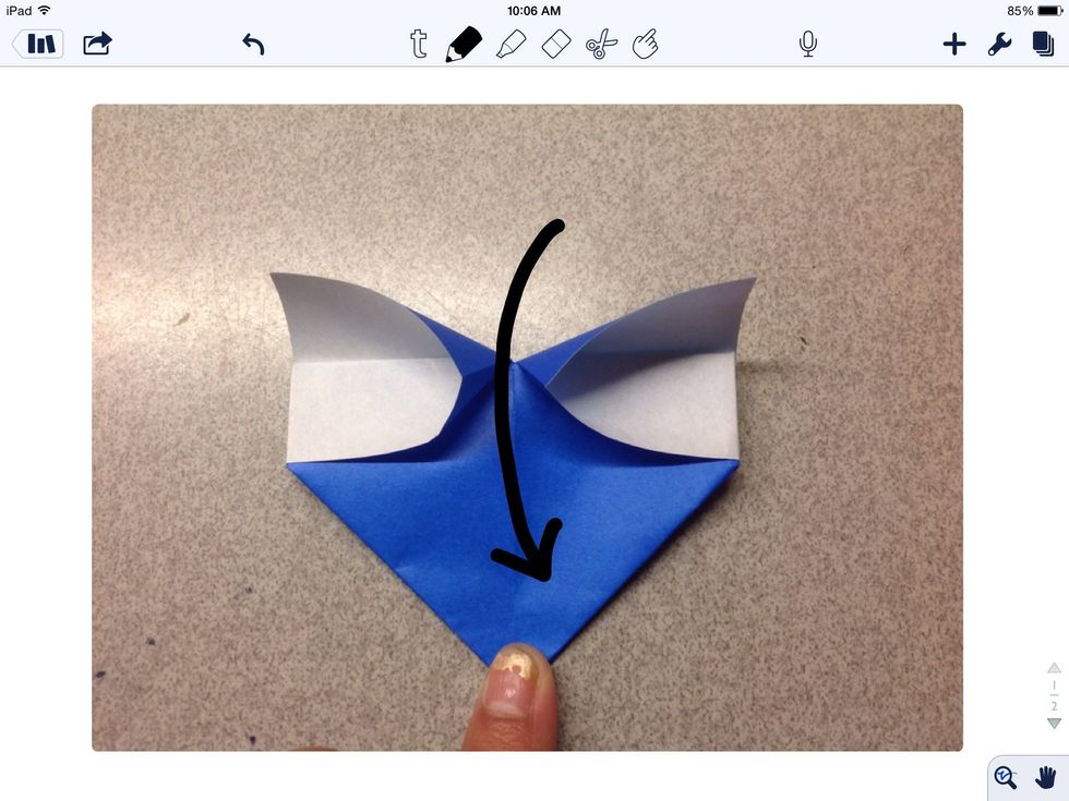 Fold the top corner down to the bottom corner. Create a crease mark.