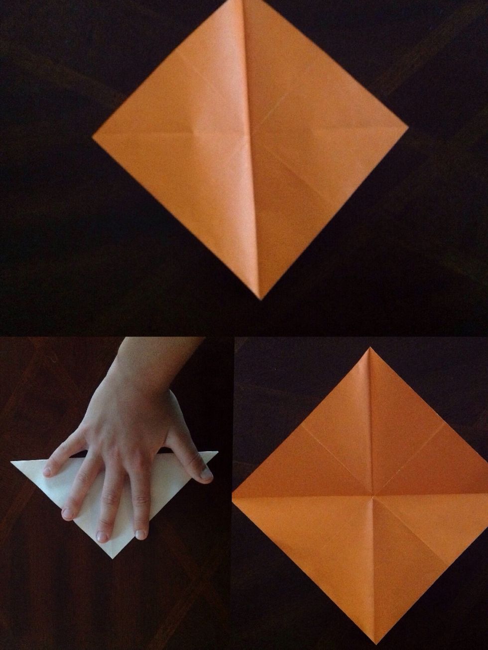 Fold the top corner to the bottom corner and unfold Again, make this crease really hard. There should be crossing vertical and horizontal lines.