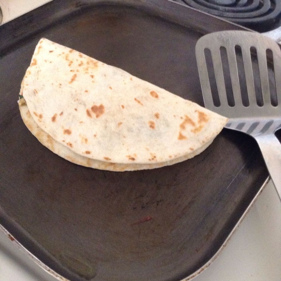 Fold the tortilla in half, and cook until the bottom of tortilla is golden brown in several spots. The cheese also should be melted.