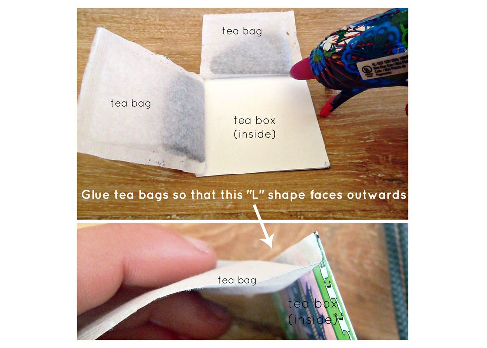 Fold the very edge of a teabag and glue the edge to one side of the square. Do this to each side of the square. The "L" shape will face outwards.