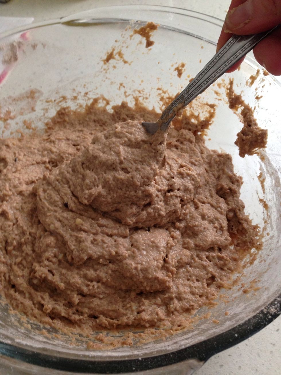 Fold the wet and dry ingredients together. They will make an airy dough. After the dough is made, refrigerate for 30 minutes. This dough has no raw eggs so you can eat as much raw batter as you want!