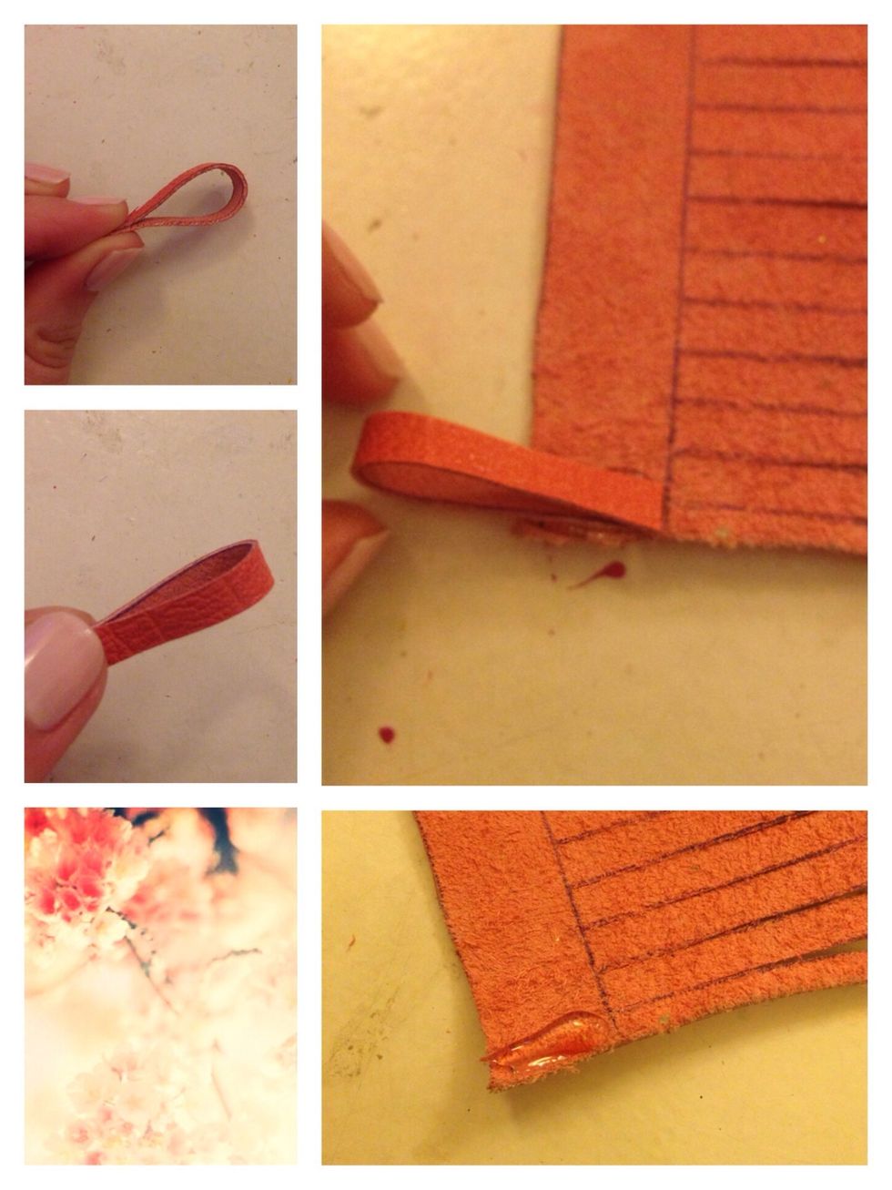 Fold this strip in half and make sure that the right side is on the outside. Glue this strip to the very end/beginning of the top part of your ractangle.