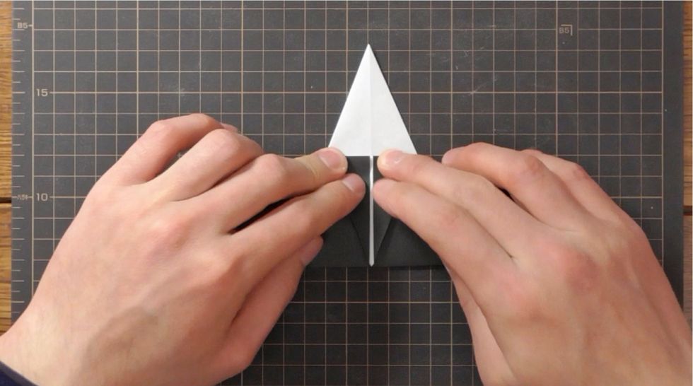 Fold top point down to touch bottom center line.