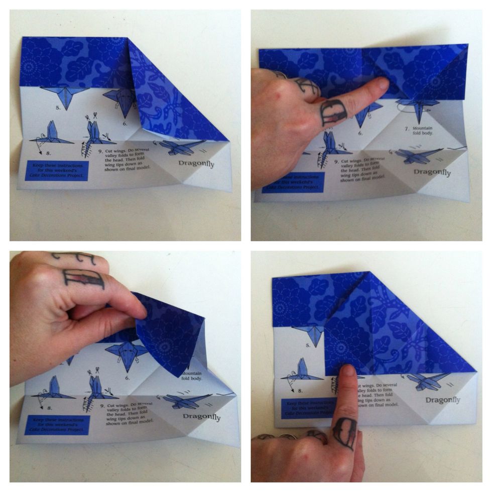 Fold top right corner down (pic1). Unfold. Pinch the crease I'm pointing at (pic2) & pull to the left (pic3). Squash it flat as shown in last picture.