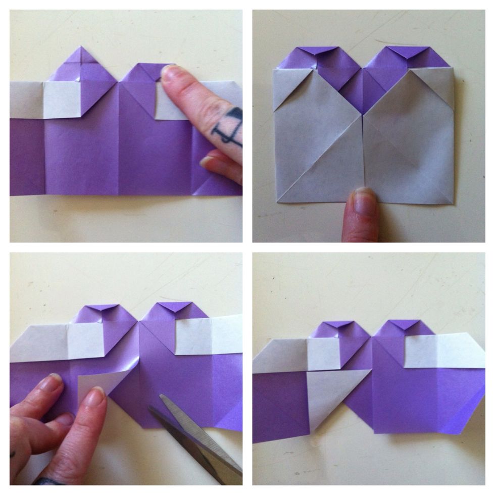 Fold top right tip down as shown. Repeat on left (glue both down). Fold left & right edge to center, unfold. Cut as shown. Fold that same piece I'm touching up (last pic)...