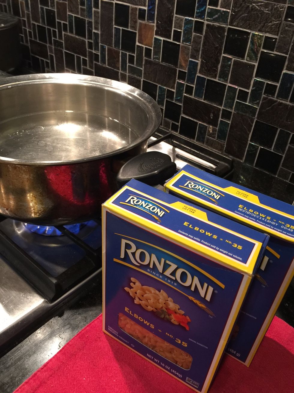 Follow box instructions for macaroni and water measurements. First bring pot of water to boil. Add pinch of salt and 1 tbsp olive oil. When water is boiling put macaroni in. Cook for 10-12 mins.